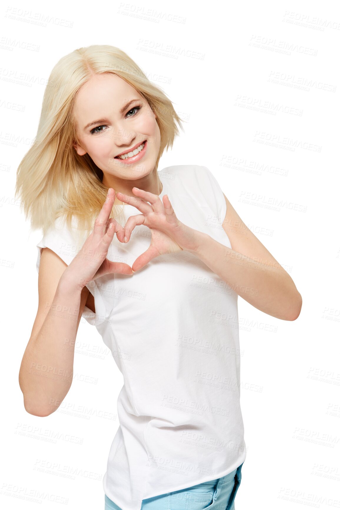 Buy stock photo Portrait, happy woman and heart hands sign for kindness, health and romantic love, gratitude and Valentines Day. Wellness, health and person with emoji icon isolated on a transparent, png background