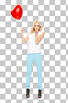 A beautiful woman holding a red heart balloon in the air and blowing kisses on her beloved and celebrating the romantic event of valentine's day isolated on a png background.