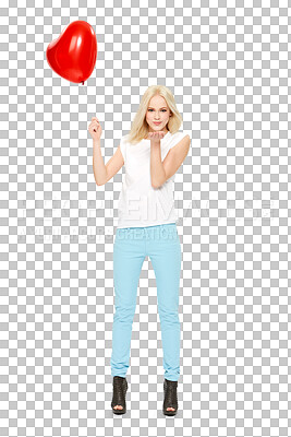 Buy stock photo Kiss, heart balloon and portrait of woman on isolated, png and transparent background for love. Romance, red balloons and happy female person blowing kisses for romantic date, valentines day and gift