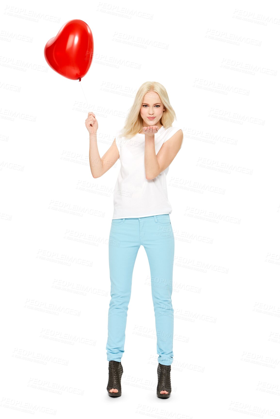 Buy stock photo Kiss, heart balloon and portrait of woman on isolated, png and transparent background for love. Romance, red balloons and happy female person blowing kisses for romantic date, valentines day and gift