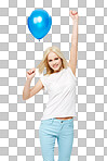 A Winner model or a smiling young blonde woman holding a blue balloon in the air as a winning gesture at a party, event, success, or motivation isolated on a png background.