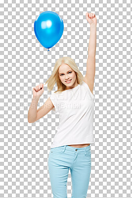 Buy stock photo Happy, balloon and portrait of woman on png for party, birthday and celebration event. Gift, smile and holiday with female model isolated on transparent background for present, winner and achievement