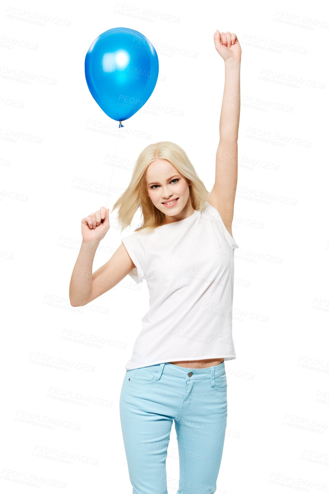 Buy stock photo Happy, balloon and portrait of woman on png for party, birthday and celebration event. Gift, smile and holiday with female model isolated on transparent background for present, winner and achievement