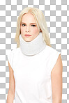 A young caucasian woman suffering from a neck injury after being injured by an accident wearing a medical brace for her neck pain relief covered with accident health insurance isolated on a png background.