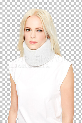 Buy stock photo Portrait, neck brace collar and woman with injury problem, pain or medical emergency from accident. Healthcare, insurance and person with hurt muscle isolated on a transparent, png background