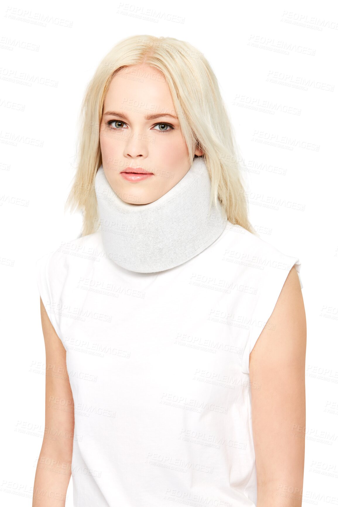 Buy stock photo Portrait, neck brace collar and woman with injury problem, pain or medical emergency from accident. Healthcare, insurance and person with hurt muscle isolated on a transparent, png background