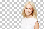 A female model from Australia with a smiling face and blonde hair smiling with a positive, confident mindset isolated on a png background.