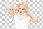 A woman with a neck brace having a whiplash injury after being injured by accident recovering with pain is having healthcare insurance for medical emergencies isolated on a png background.
