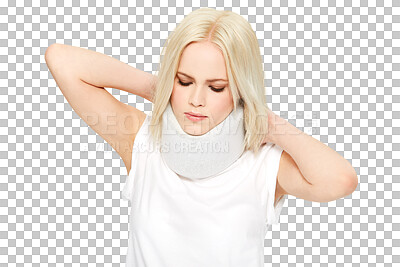 Buy stock photo Pain, neck brace and woman with injury problem, first aid collar or medical emergency from accident. Healthcare, anatomy trauma and sore person with sprain isolated on a transparent, png background