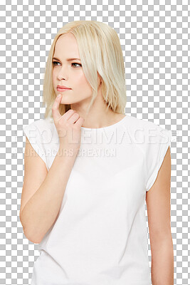 Buy stock photo Thinking, idea and woman with question, doubt and person contemplating ideas, planning or problem solving solution. Brainstorming, plan and female model isolated on a transparent, png background