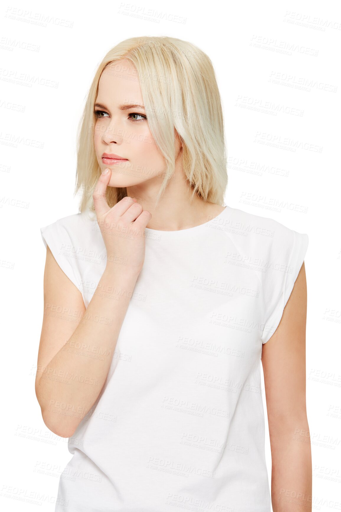 Buy stock photo Thinking, idea and woman with question, doubt and person contemplating ideas, planning or problem solving solution. Brainstorming, plan and female model isolated on a transparent, png background