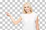 A young woman from Switzerland or a model with a marketing mock-up expressing happiness and pointing at the copy space for advertising or marketing concepts isolated on a png background.