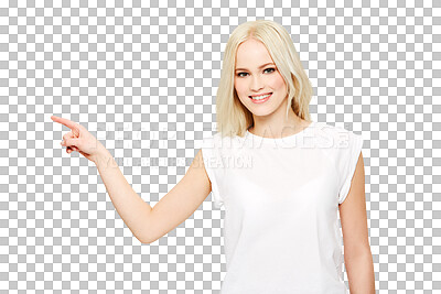 Buy stock photo Portrait, smile and happy woman point at promotion information, commercial promo or discount deal. Advertising logo, branding gesture and female ambassador isolated on a transparent, png background