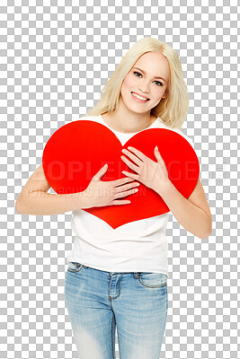 Buy stock photo Portrait, hug and happy woman with heart paper, emoji compassion symbol or love for Valentines Day, care or support. Kindness, comfort and female model isolated on a transparent, png background