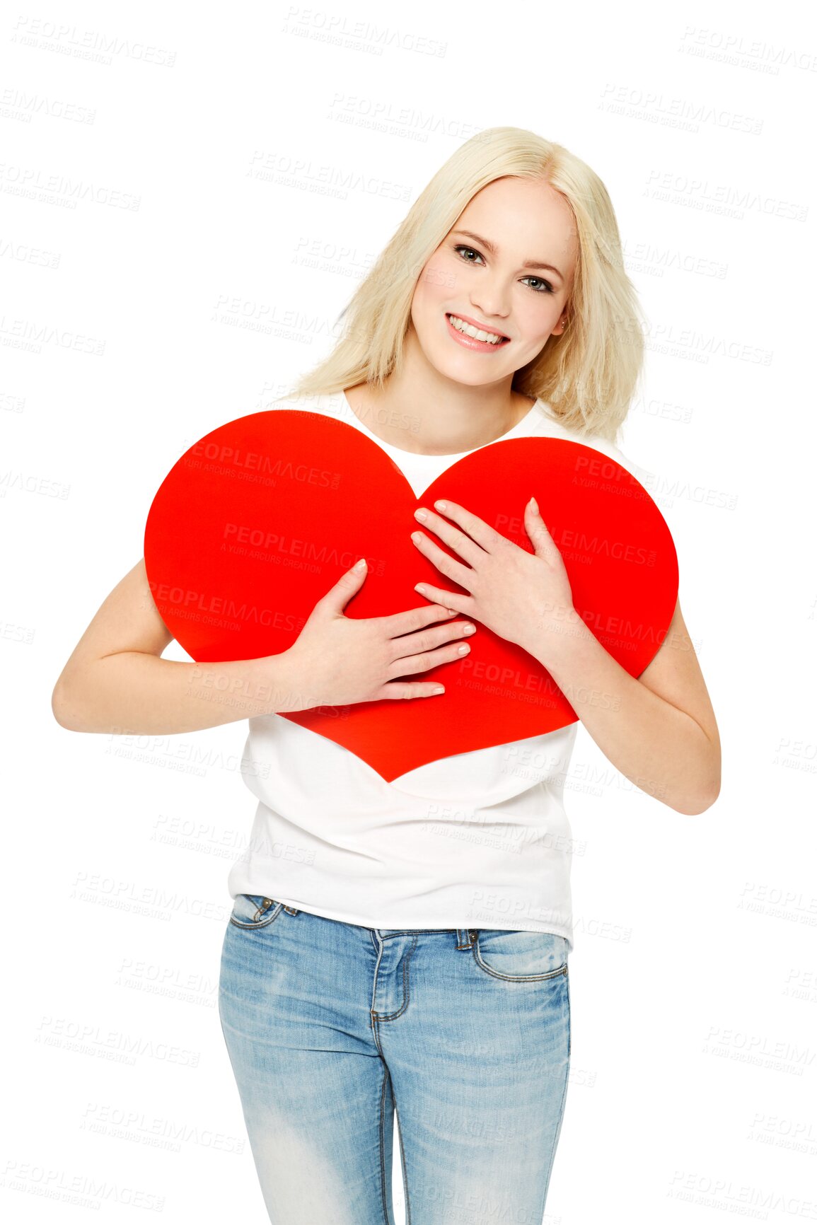 Buy stock photo Portrait, hug and happy woman with heart paper, emoji compassion symbol or love for Valentines Day, care or support. Kindness, comfort and female model isolated on a transparent, png background