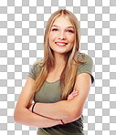 A happy and beautiful teenage girl or model standing with a confident smile and arms crossed with a positive mindset, glowing and shining skin isolated on a png background.