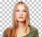 A Beautiful teenage model with green eyes face of a young girl model posing and giving a serious, confident and natural facial expressions isolated on a png background.