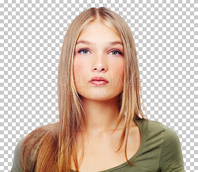 Buy stock photo Beautiful woman, face and portrait of serious model with green eyes, young girl and posing. Confident blond female teenager or gen z with natural expression isolated on a transparent PNG background