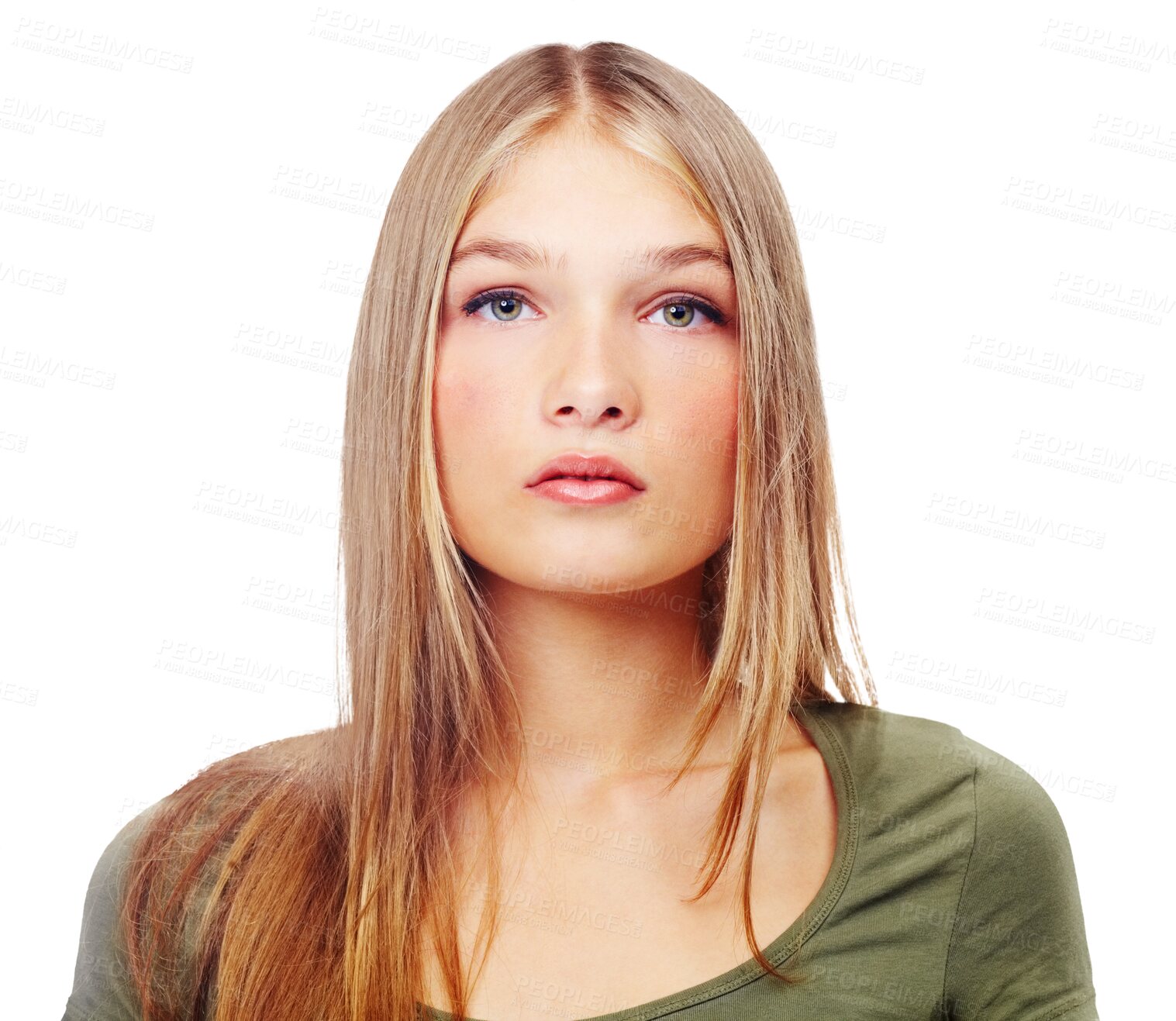 Buy stock photo Beautiful woman, face and portrait of serious model with green eyes, young girl and posing. Confident blond female teenager or gen z with natural expression isolated on a transparent PNG background