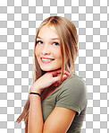 A happy beautiful young teenage girl smiling with a happy confident face.A blonde female model or girl with skincare makeup on her skin isolated on a png background.