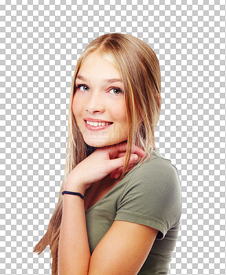 Buy stock photo Happy, beauty portrait and young girl smile with arms crossed of a teenager with confidence and casual fashion. Joy, proud person and teen model with youth isolated on transparent, png background
