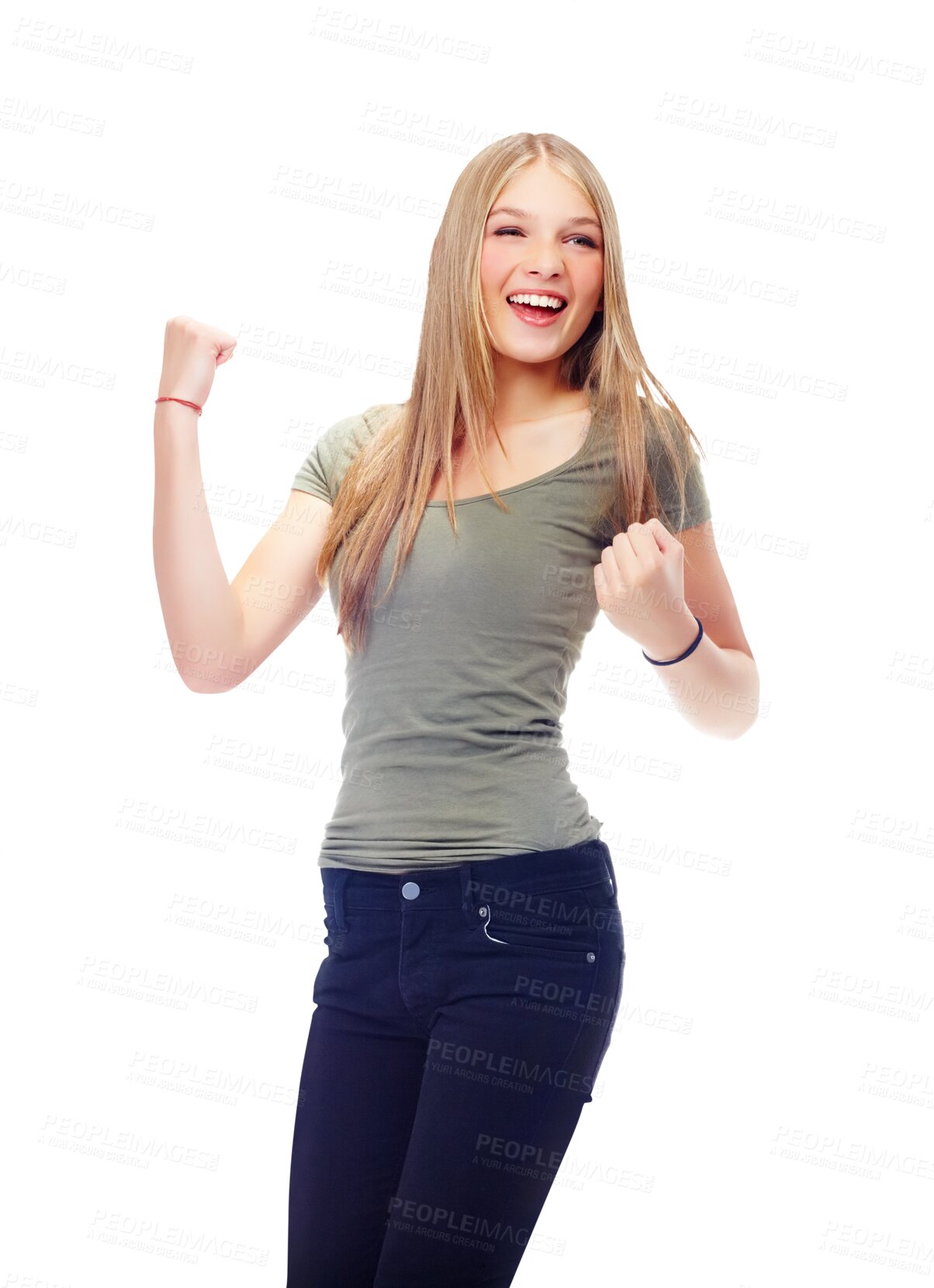 Buy stock photo Happy, excited and woman student winning, success or achievement yes fist pump hands. Female teenager, gen z or young girl in celebration for win or goals isolated on a transparent png background