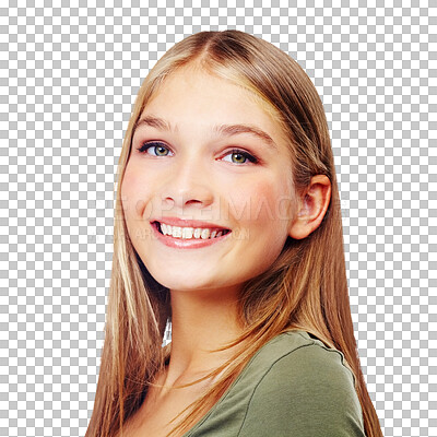 Buy stock photo Happy, beauty and portrait of young girl closeup with skin glow of a teenager with confidence and cosmetics. Proud face, joy and female teen model with smile isolated on transparent png background
