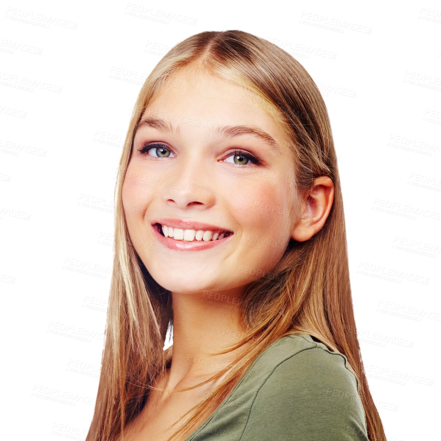 Buy stock photo Happy, beauty and portrait of young girl closeup with skin glow of a teenager with confidence and cosmetics. Proud face, joy and female teen model with smile isolated on transparent png background
