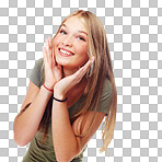 A happy caucasian teenage girl with surprised facial expressions and wearing a trendy urban style or gen z fashion outfit isolated on a png background.