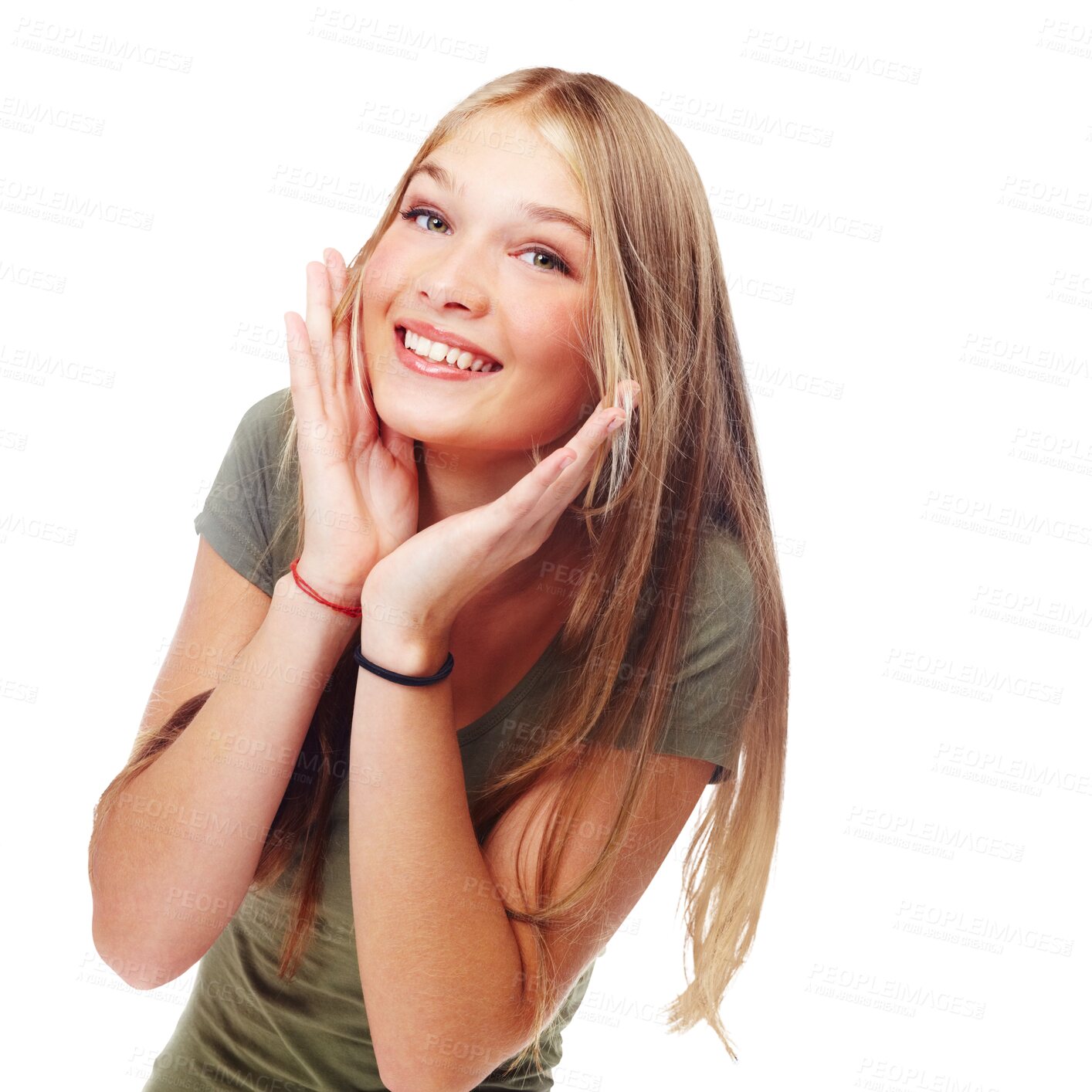 Buy stock photo Happy, confident or portrait of young person feeling playful in teenager confidence or casual fashion. Joy, proud and face of goofy teen model with youth smile isolated on transparent png background
