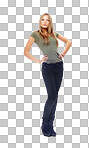 A confident classy fashion model or a modern girl with contemporary, retro, and vintage clothes or outfit posing with hands on hip isolated on a png background.