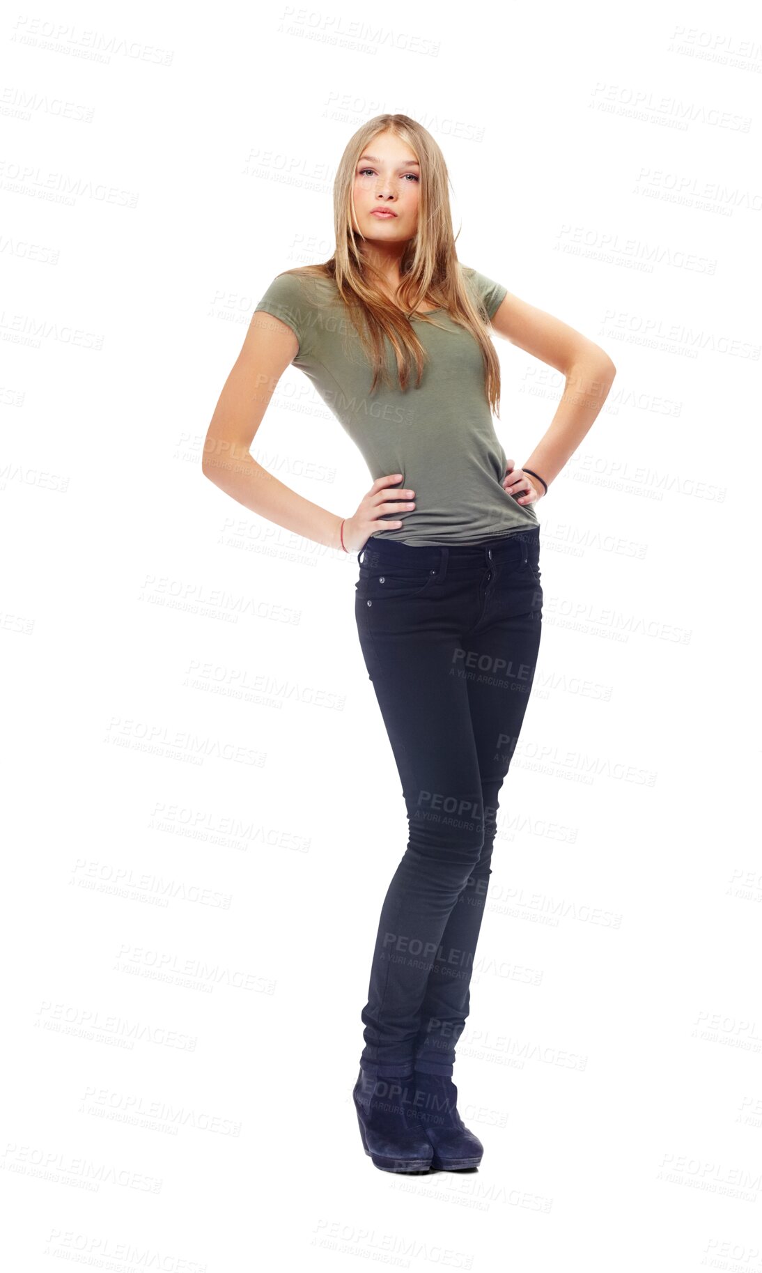 Buy stock photo Confident woman, fashion and model posing in classy fashion or modern girl in clothes or outfit. Female teenager, gen z or student standing with hands on hip isolated on a transparent png background