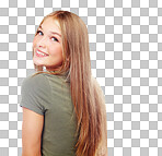 A sweet pretty girl or a teenage model with a confident smile, long hair, beautiful makeup and youth pride icon isolated on a png background.