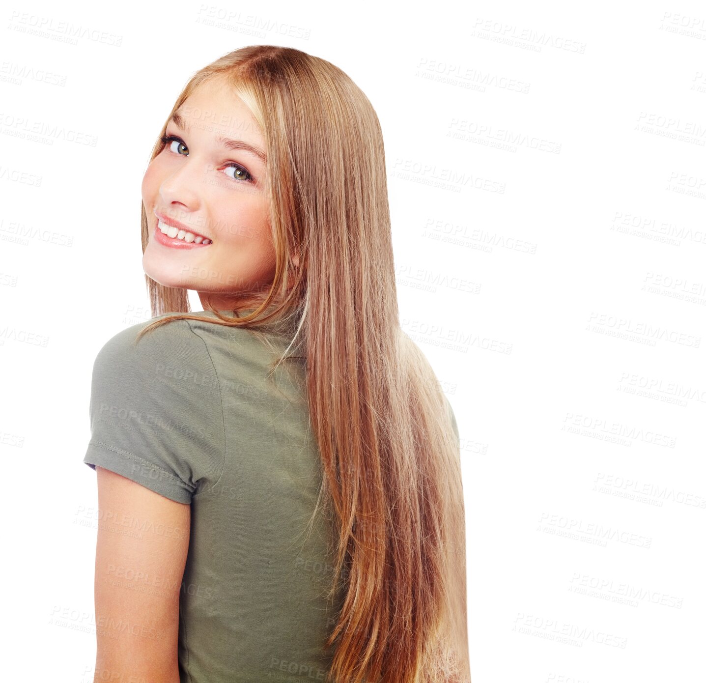 Buy stock photo Happy, hair care female portrait and style with shoulder of a teenager with confidence and casual fashion. Joy, proud face and teen model with youth smile isolated on transparent, png background
