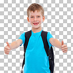 A cheerful young boy gives a thumbs-up sign, indicating his motivation and approval for school education, while carrying a casual backpack or school bag, isolated on a PNG background.