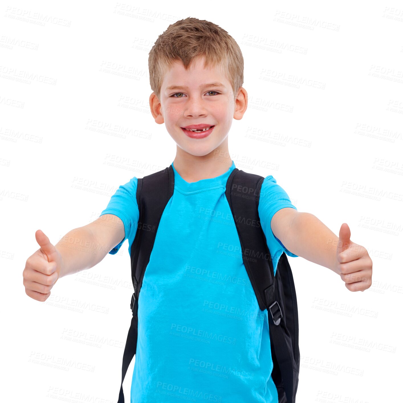 Buy stock photo Happy boy, portrait and thumbs up for winning in education, learning or success with backpack. Child showing thumb emoji, yes sign or like for back to school isolated on a transparent PNG background