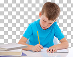 A young student diligently completing his homework at his desk, immersed in the process of learning and expanding his knowledge isolated on a transparent PNG background.