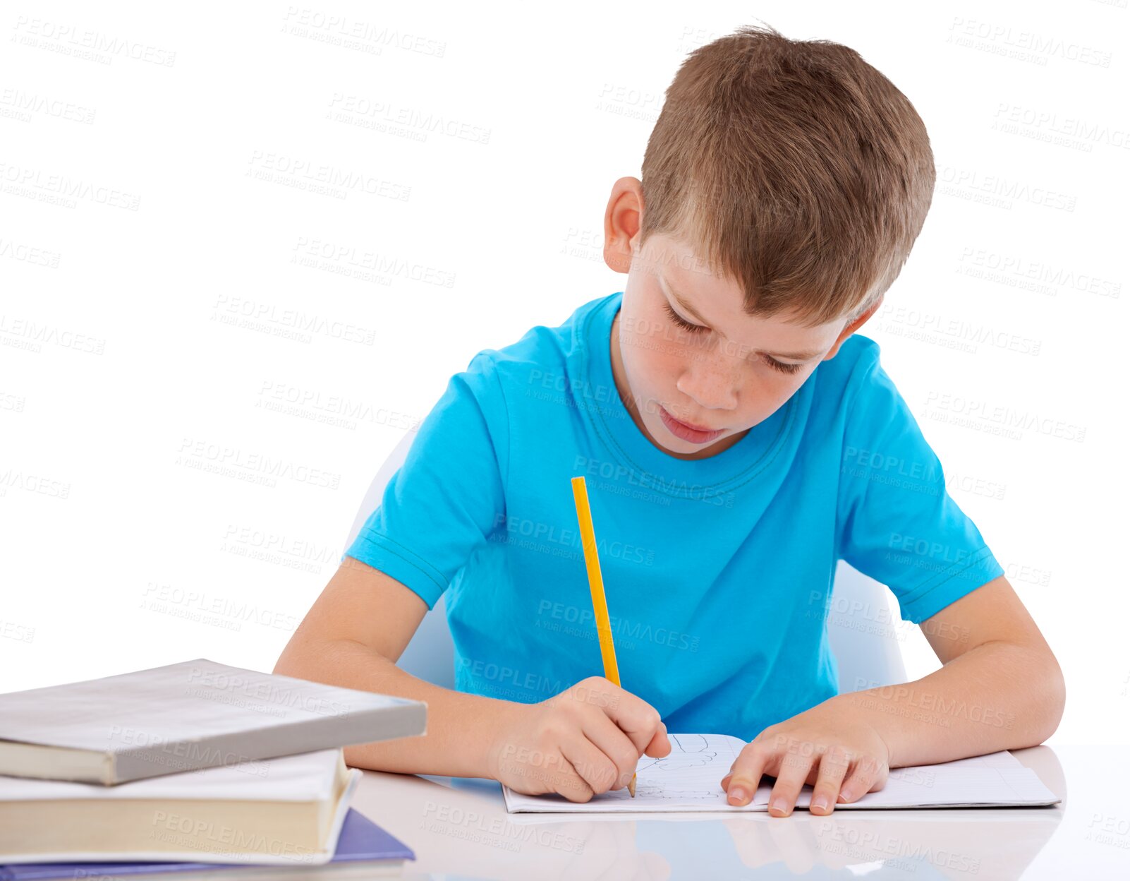 Buy stock photo Education, writing and notebook with boy on png for learning, knowledge and study. Homework, school and assessment with young student isolated on transparent background for child development