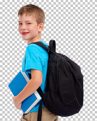 Buy stock photo Back to school, child and portrait with backpack and education book with happiness. Learning, young student and kid study textbook for reading with a smile solated on a transparent, png background
