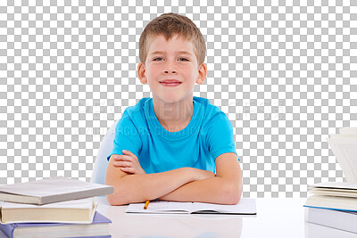 Buy stock photo Books, learning and child portrait with a school desk for studying and classroom work. Happiness, young kid and education of a happy boy with youth isolated on a transparent, png background
