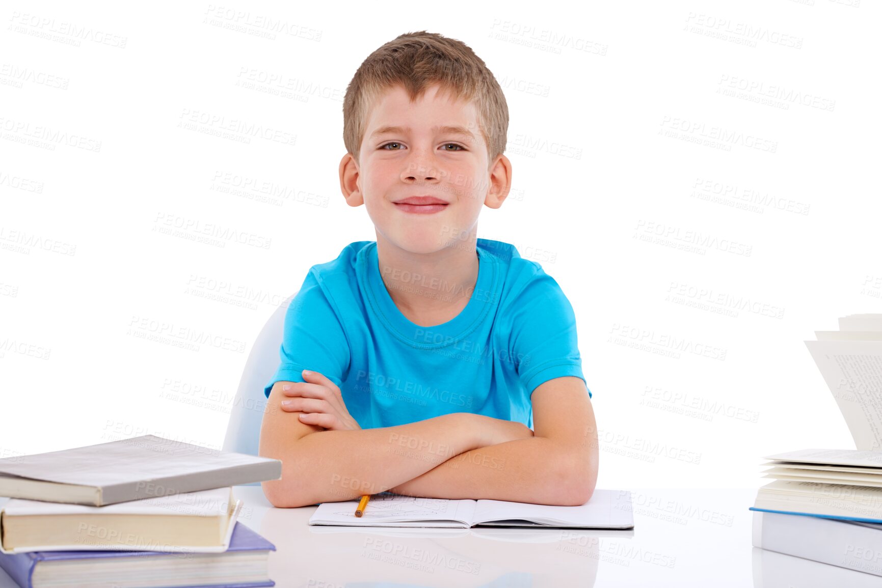 Buy stock photo Books, learning and child portrait with a school desk for studying and classroom work. Happiness, young kid and education of a happy boy with youth isolated on a transparent, png background
