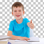 An intelligent and hardworking young boy gives a thumbs up as a sign of confirmation, acknowledgement, approval, or recommendation, as a symbol of his accomplished work isolated on a PNG background.