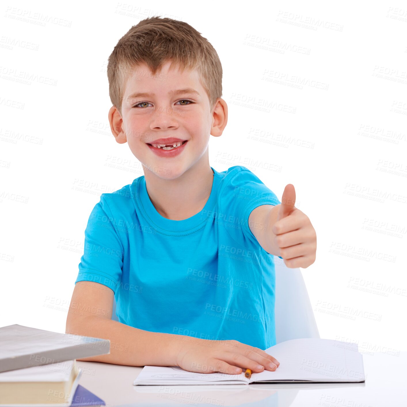 Buy stock photo Books, learning thumbs up and child portrait with a school desk with motivation and yes hand sign. Happiness, young kid and success gesture of a happy boy isolated on transparent, png background
