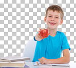 A young student boy enjoys a healthy snack of an apple while working hard to complete his math homework, and proudly shows it off to the camera while isolated on a PNG background.