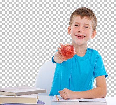 Buy stock photo Books, apple gift and child portrait with a school desk for studying and classroom work. Happiness, young kid and healthy fruit of a happy boy with youth isolated on a transparent, png background
