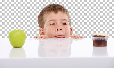 Buy stock photo Face, choice and kid with apple and cupcake on isolated, png and transparent background. Childhood, unhealthy eating and young boy with food, cake and decision for dessert, fruit and luxury treats