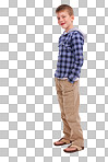 A stylish and fashionable young boy poses for the camera, with his hands casually in his pockets, while showcasing his cute looks, isolated on a PNG background.