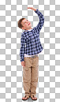 Adorable young children, dressed in casual checkered clothing, measure their height standing against a blank or copy space isolation on a PNG background. 