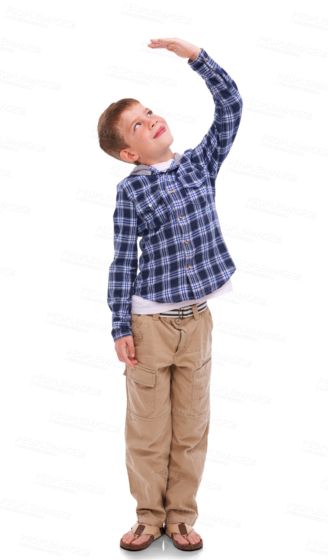 Buy stock photo Isolated boy kid, check height and smile for growth, development and thinking by png background. Male child model, young and happy with hand for measuring, think and childhood wish with kids fashion