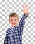 A happy child in casual clothes with raised hands in a studio, either asking, answering or high-fiving, isolated on a transparent PNG background.